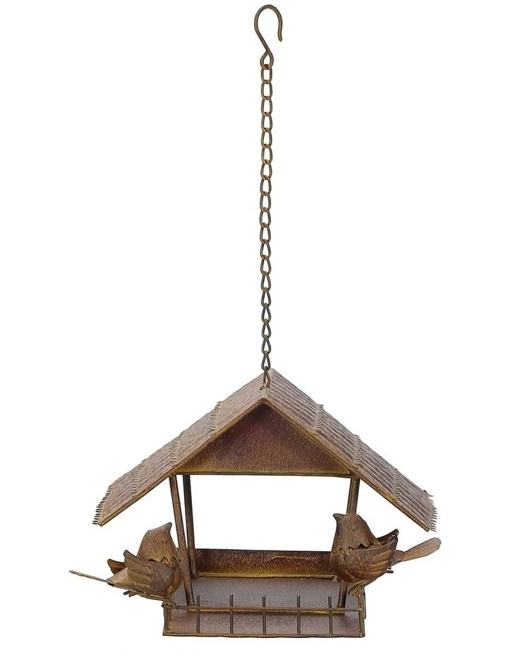 Metal Hanging Garden Birdhouse With 2 Birds 70cm in Rust image 1