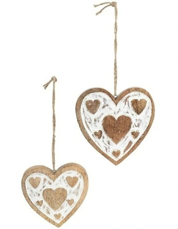 Handmade Hanging Wooden Hearts 18cm/13cm Set of 2 in White/Brown