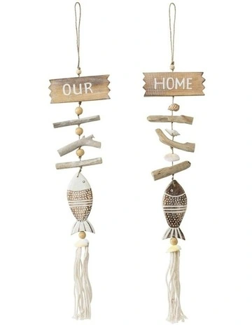 Hanging Wooden Our Home Fish Sign Wall Art Set of 2 50cm in Brown