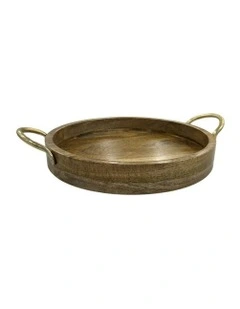 Handmade Wooden Round Tea Serving Tray 34cm in Natural/ Antique Gold