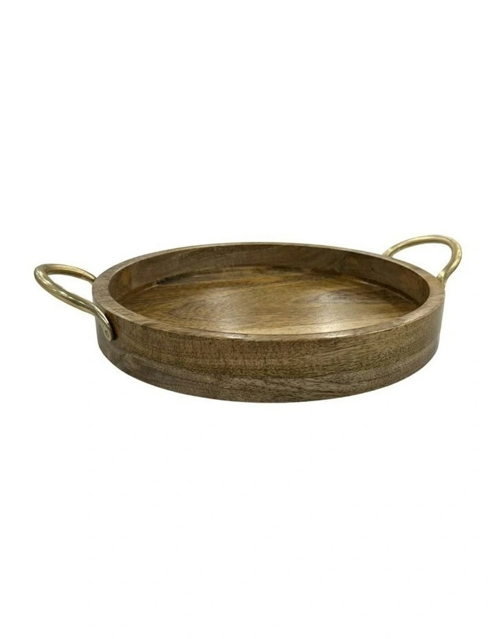 Handmade Wooden Round Tea Serving Tray 34cm in Natural/ Antique Gold image 2