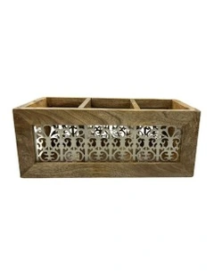 Wooden Handmade Metal Cutlery/Storage Caddy 3-Division 39cm in Brown