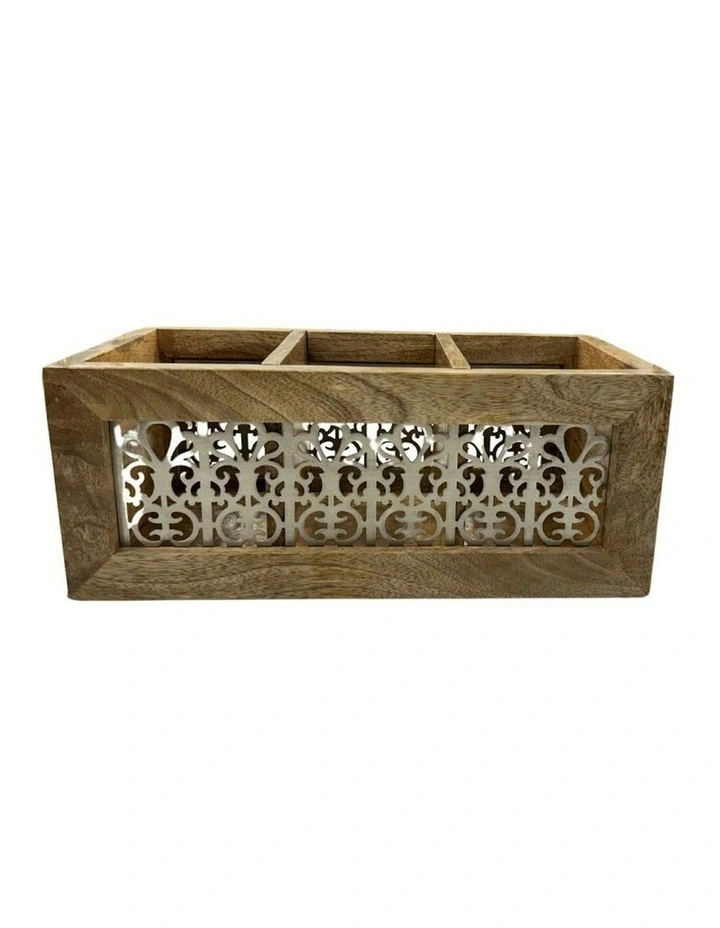 Wooden Handmade Metal Cutlery/Storage Caddy 3-Division 39cm in Brown image 1