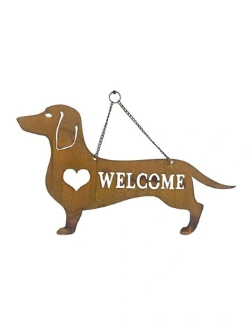Laser Cut Welcome Dog WithHeart Metal Wall Art 47cm in Rust