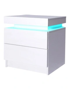 Bedside Tables RGB LED Side Table 2 Drawers High Gloss Nightstand Cabinet in White
