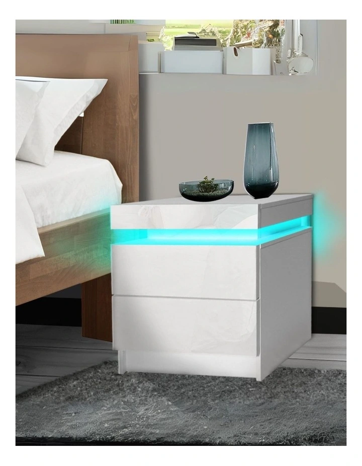 Bedside Tables RGB LED Side Table 2 Drawers High Gloss Nightstand Cabinet in White image 2