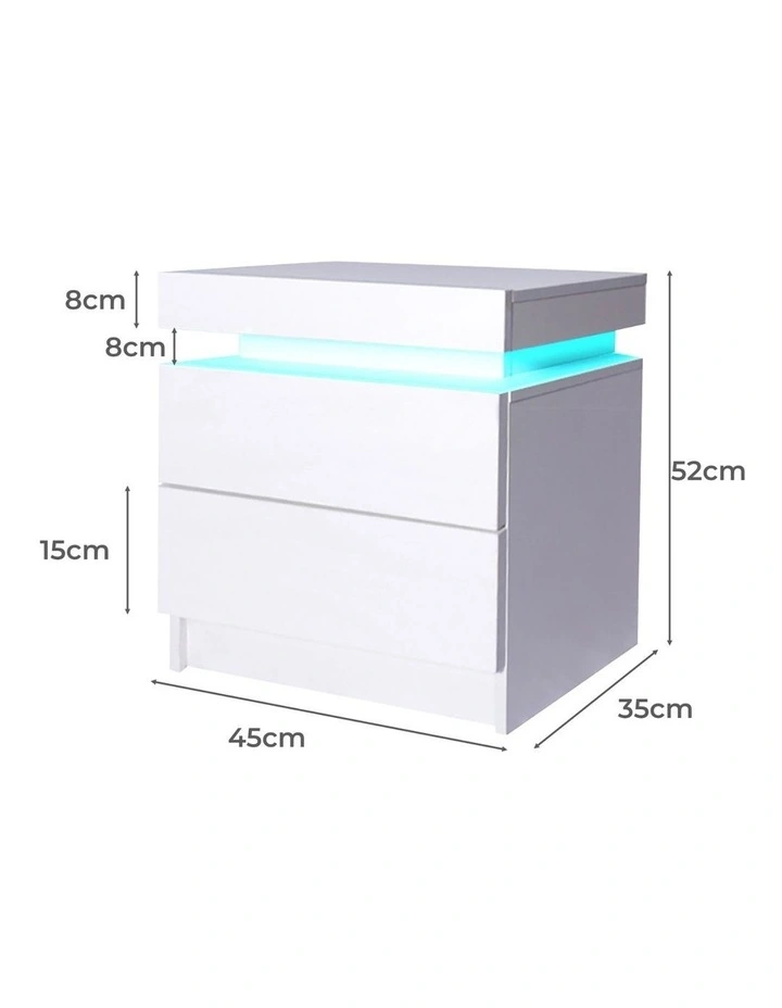 Bedside Tables RGB LED Side Table 2 Drawers High Gloss Nightstand Cabinet in White image 3