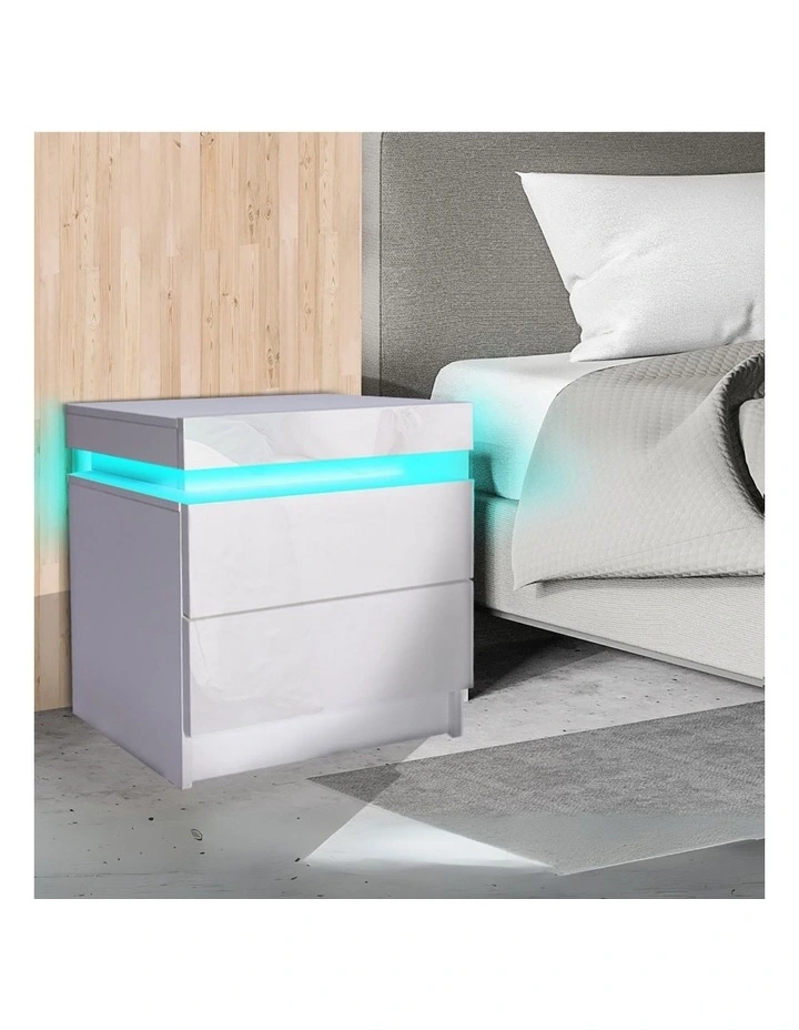 Bedside Tables RGB LED Side Table 2 Drawers High Gloss Nightstand Cabinet in White image 7