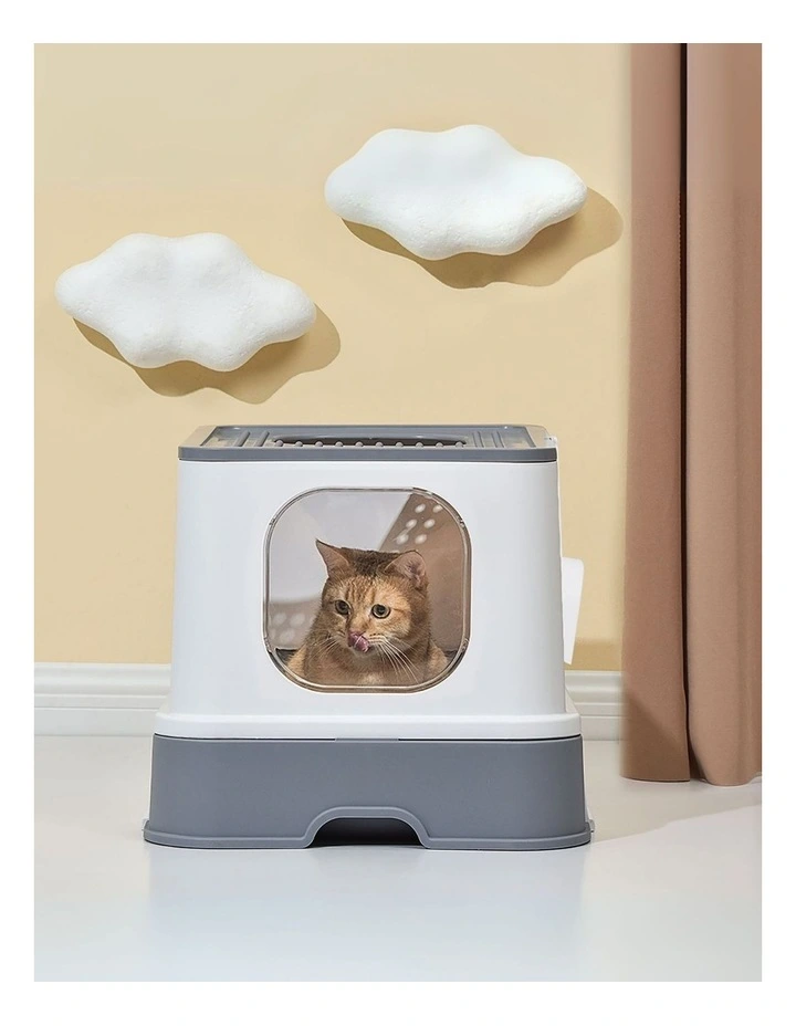 Large Fully Enclosed Cat Litter Box in White/Grey image 2