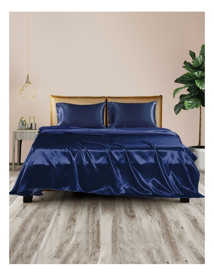 Silky Satin Fitted Flat Bed Sheet Pillowcases King in Blue