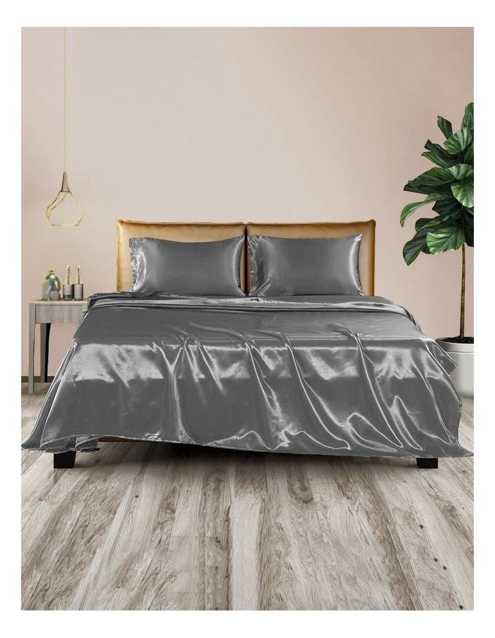Silky Satin Fitted Flat Bed Sheet Pillowcases King in Grey