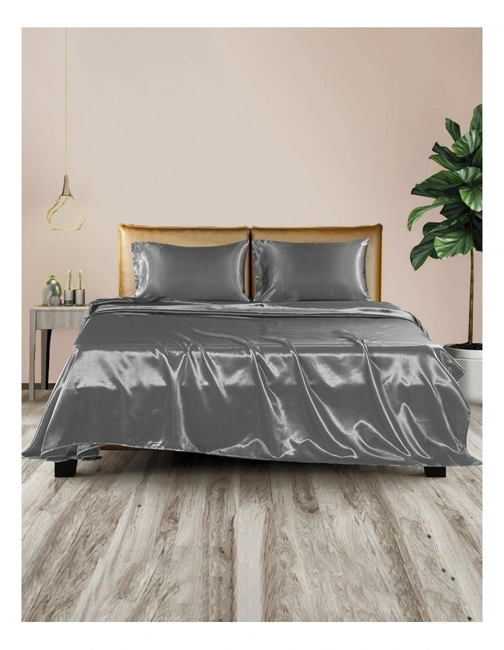 Silky Satin Fitted Flat Bed Sheet Pillowcases King in Grey image 1