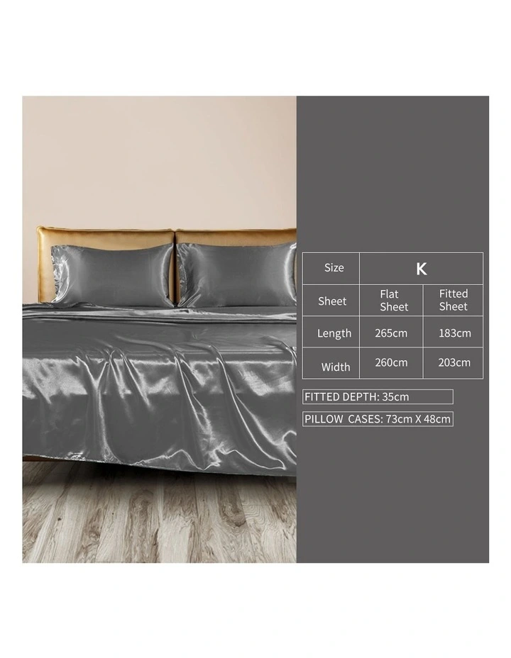 Silky Satin Fitted Flat Bed Sheet Pillowcases King in Grey image 3