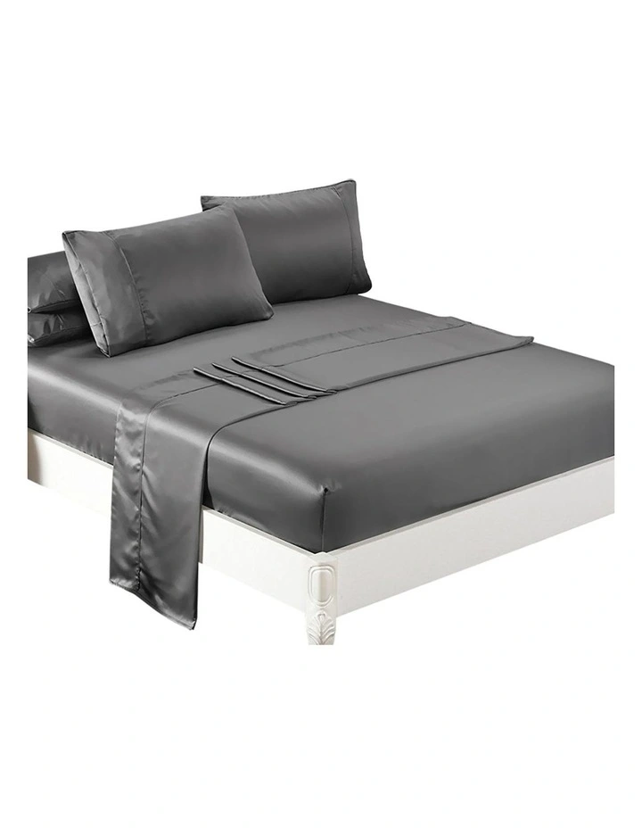 Silky Satin Fitted Flat Bed Sheet Pillowcases King in Grey image 7
