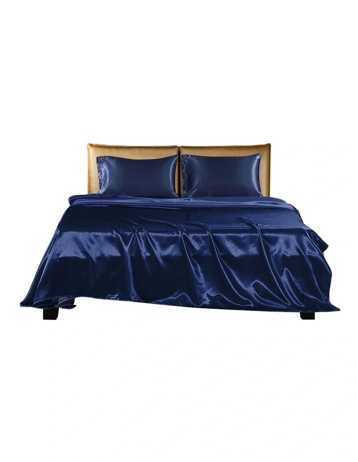 Silky Satin Fitted Flat Bed Sheet Pillowcases Single in Blue image 2