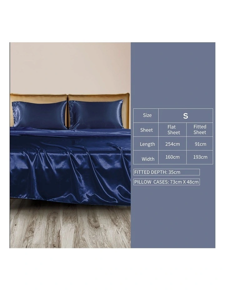 Silky Satin Fitted Flat Bed Sheet Pillowcases Single in Blue image 3