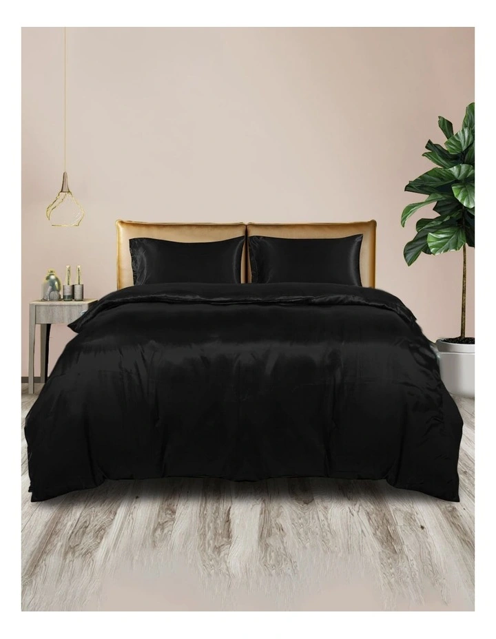 Silky Satin Bedspread Summer Pillowcases Single King Quilt Cover Set in Black image 1