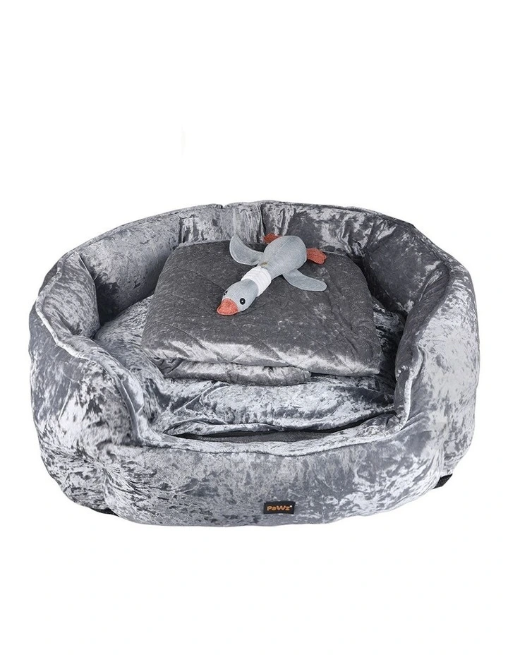 Quilted Blanket Squeaky Toy Calming Warm Soft L Pet Bed Set in Grey image 1