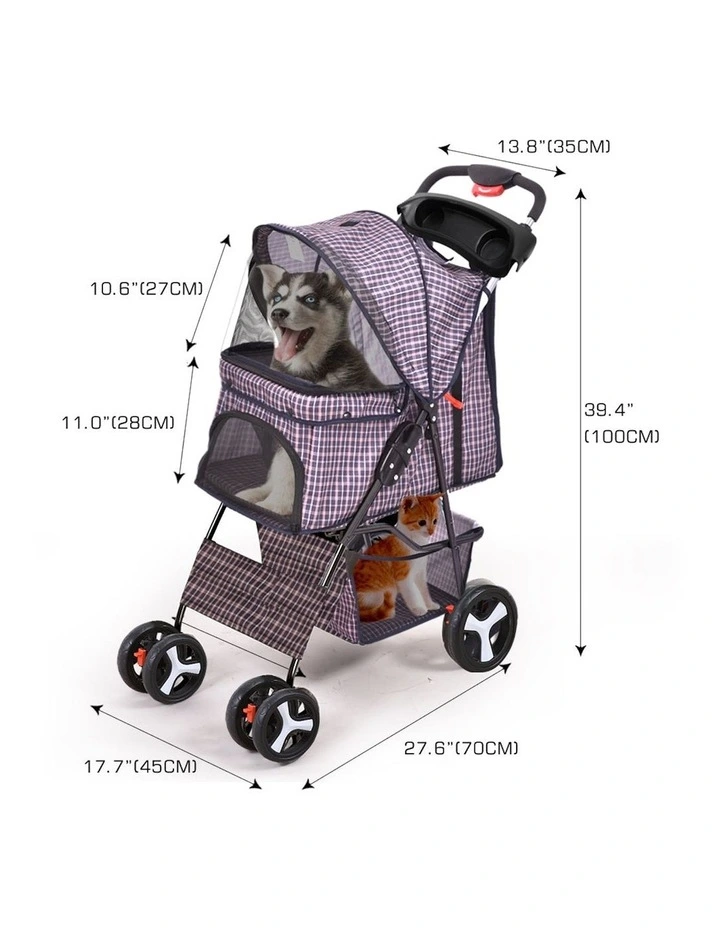 Foldable 4 Wheels Large Pet Stroller in Plaid image 3