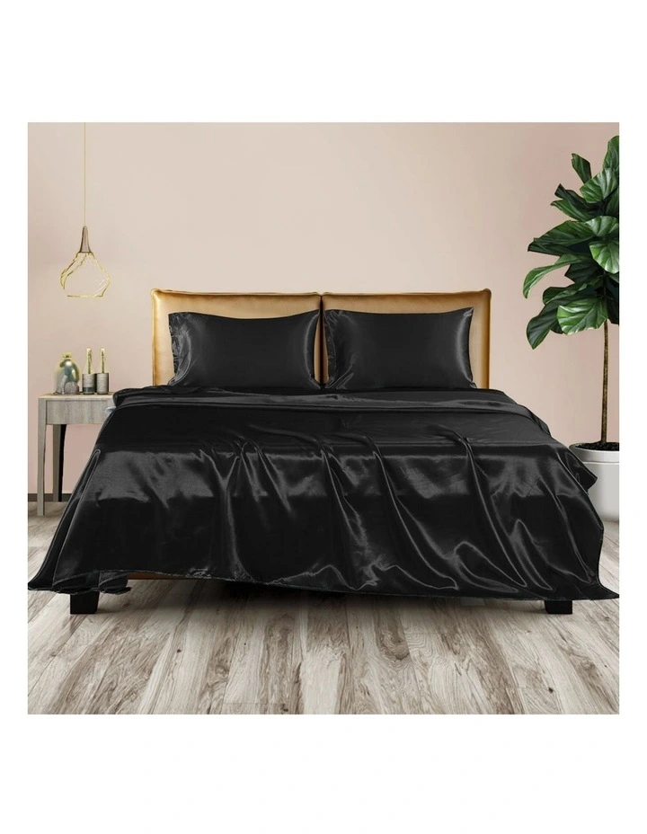 DreamZ Silky Satin Double Fitted Flat Bed Sheets With Pillowcases in