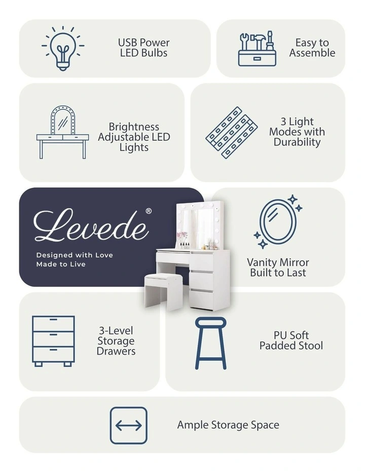 LED Dressing Table Vanity Set in White image 3