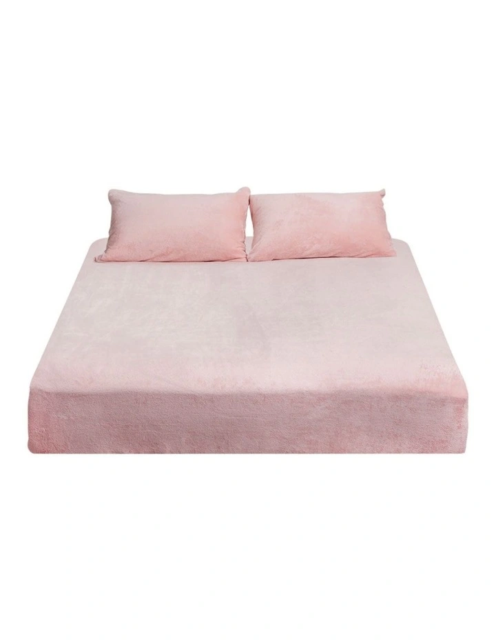Flannel King Size Fitted Bed Sheet Pillowcase Set in Pink image 1