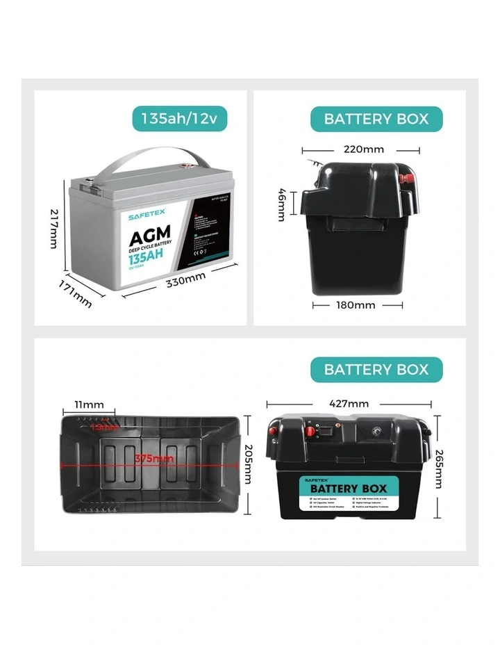 12V 135Ah AGM 4WD Deep Cycle Battery with Strap Battery Box image 2