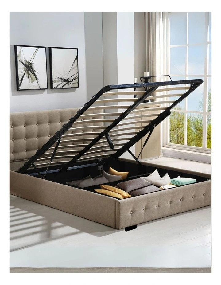 Queen Gas Lift Storage Bed Frame in Beige image 1