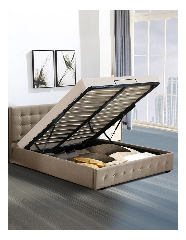 Queen Gas Lift Storage Bed Frame in Beige image 7