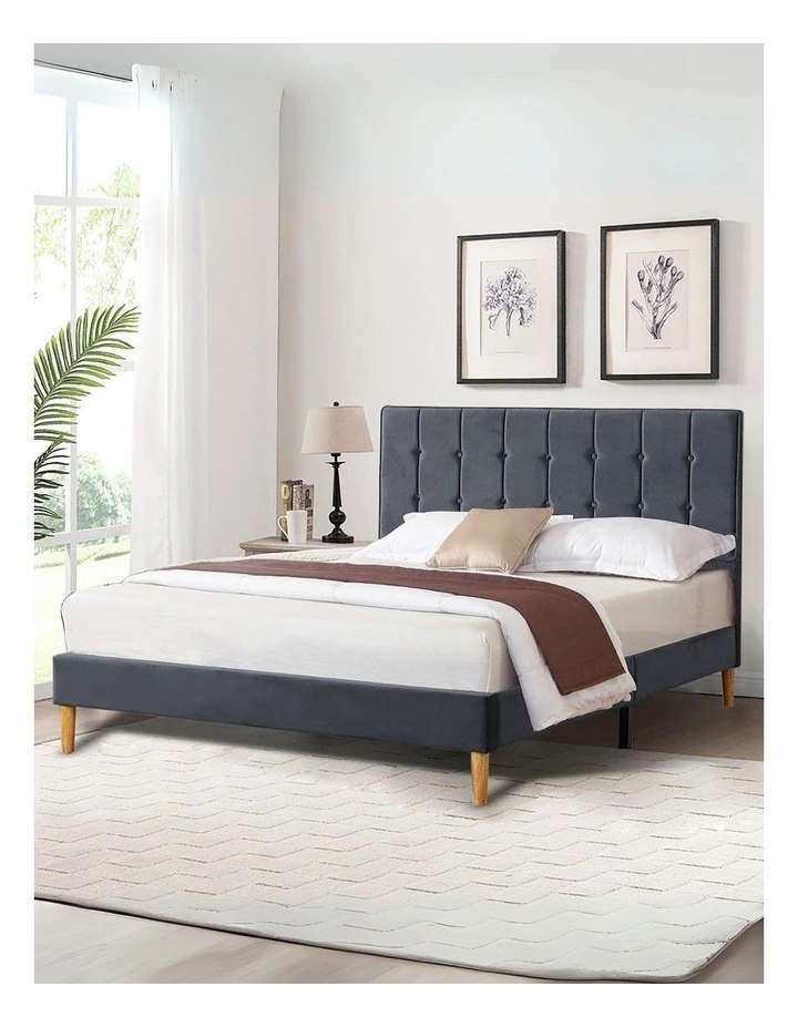 Double Mattress Base Platform Wooden Velvet Headboard Fabric Bed Frame in Grey image 1