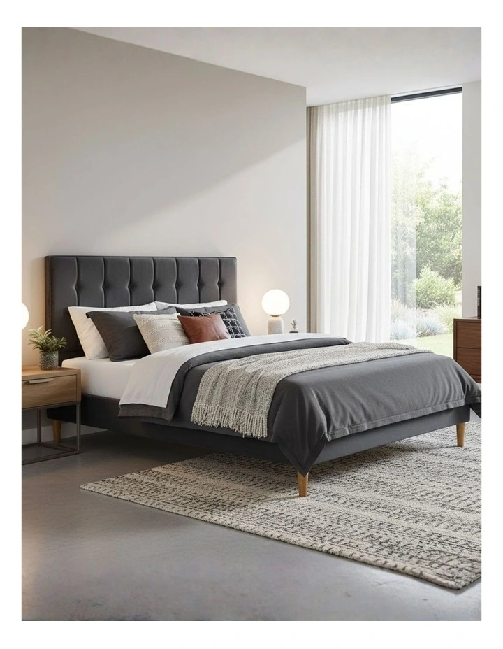 Double Mattress Base Platform Wooden Velvet Headboard Fabric Bed Frame in Grey image 1