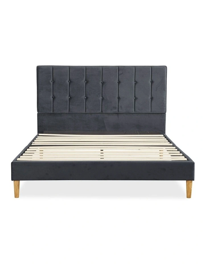 Double Mattress Base Platform Wooden Velvet Headboard Fabric Bed Frame in Grey image 2