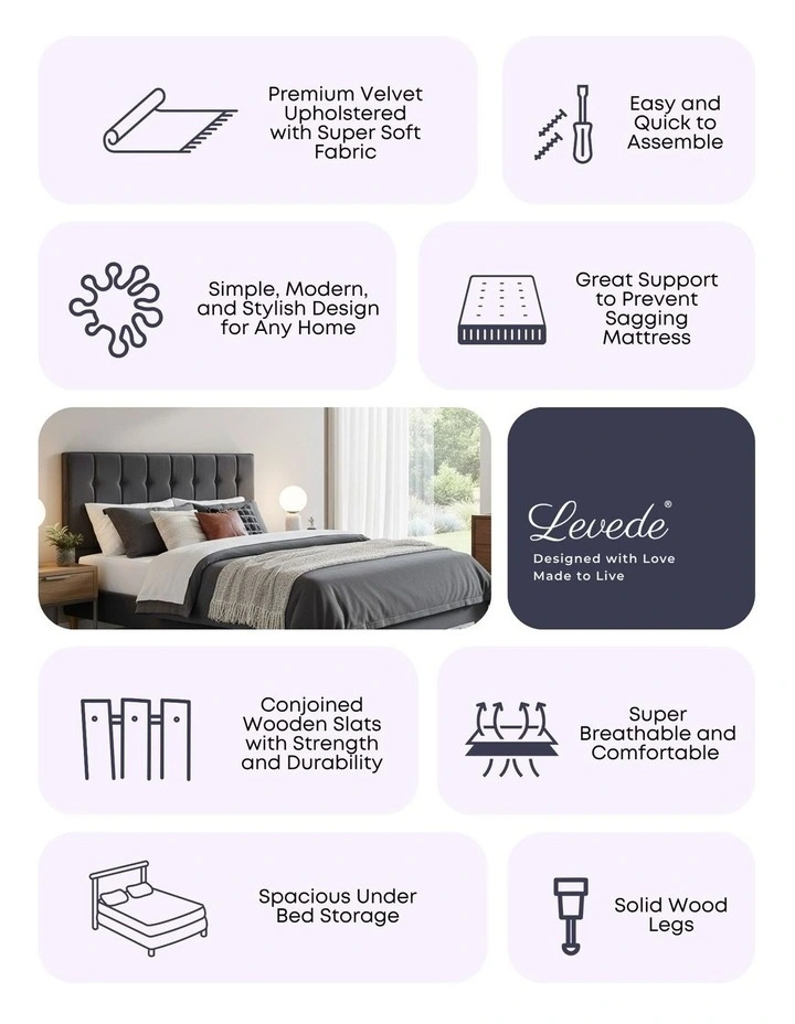 Double Mattress Base Platform Wooden Velvet Headboard Fabric Bed Frame in Grey image 4