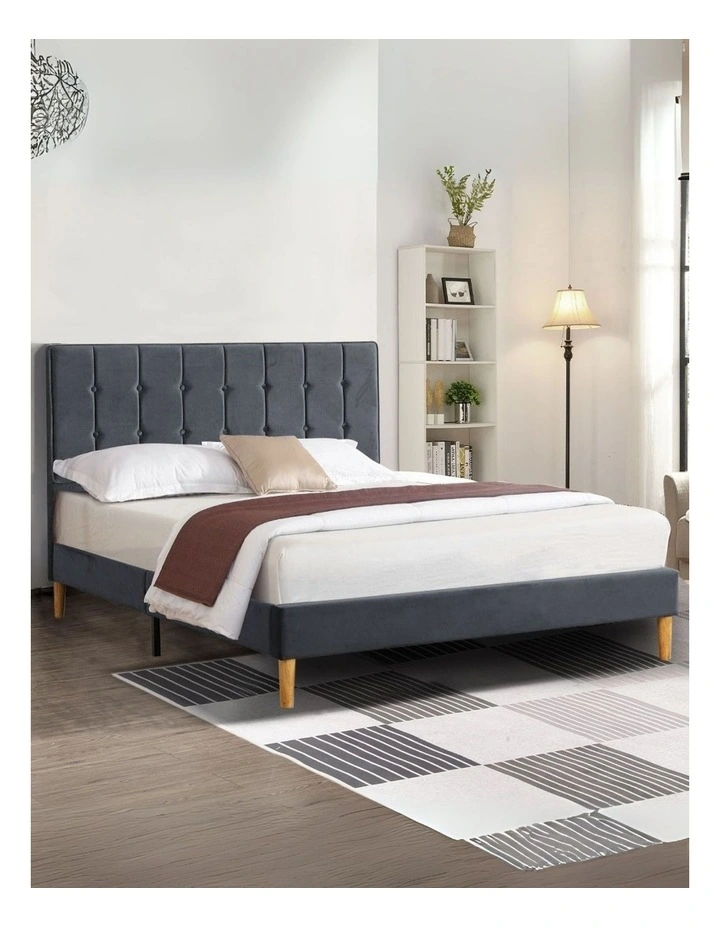 Double Mattress Base Platform Wooden Velvet Headboard Fabric Bed Frame in Grey image 7