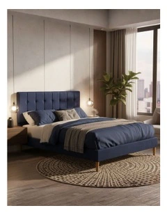 Queen Bed Frame with Wooden Velvet Headboard in Blue
