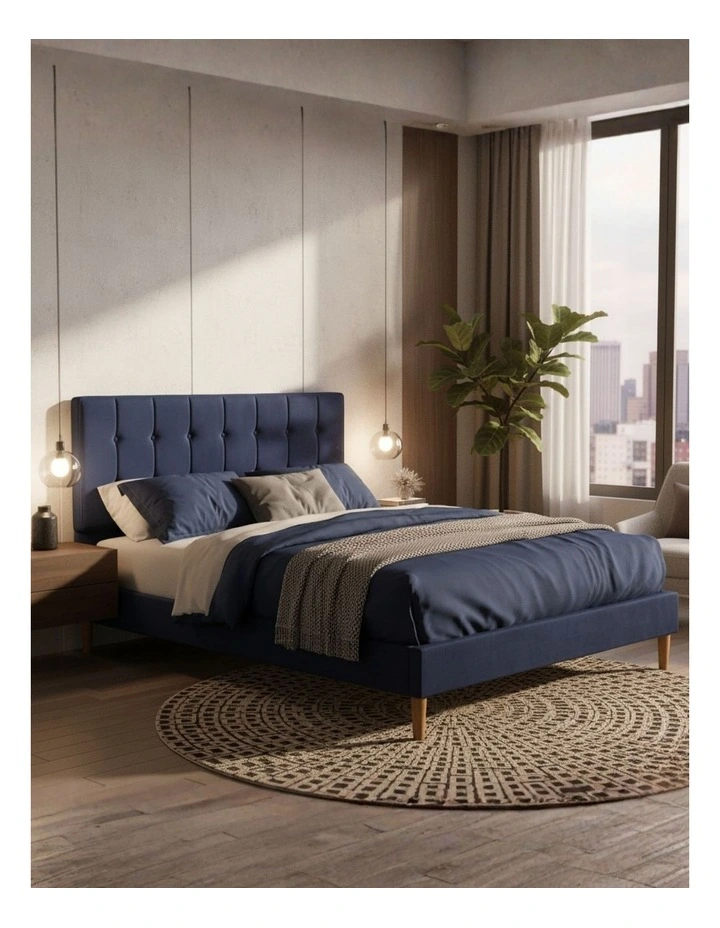Queen Bed Frame with Wooden Velvet Headboard in Blue image 1