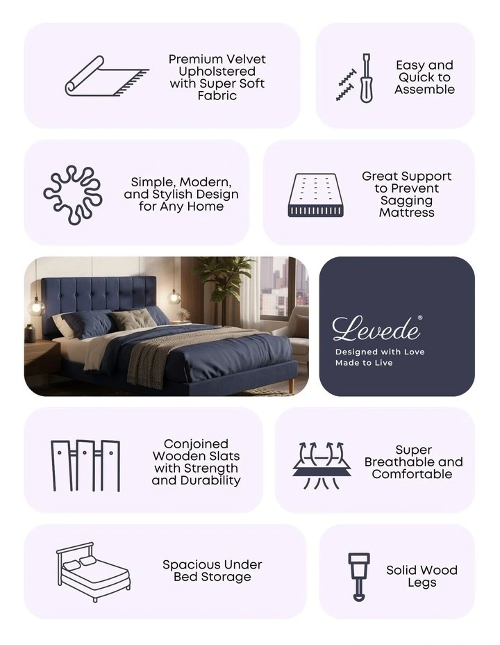 Queen Bed Frame with Wooden Velvet Headboard in Blue image 4