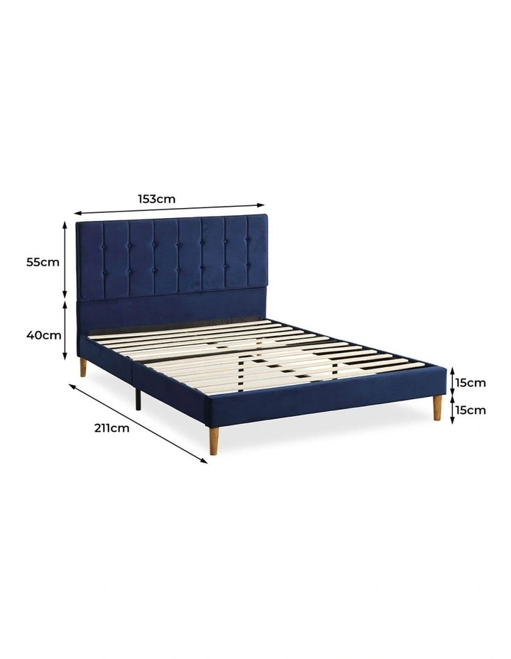 Queen Bed Frame with Wooden Velvet Headboard in Blue image 7