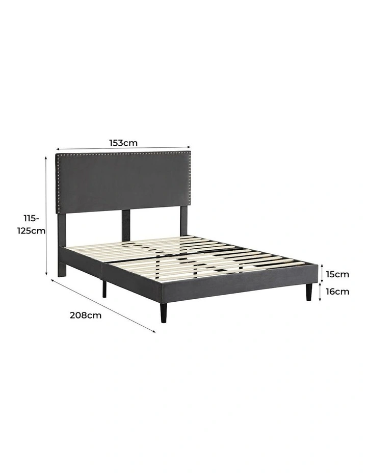 Velvet Adjustable Headboard Mattress Base Queen Size Bed Frame in Grey image 3