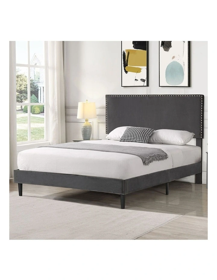 Velvet Adjustable Headboard Mattress Base Queen Size Bed Frame in Grey image 7