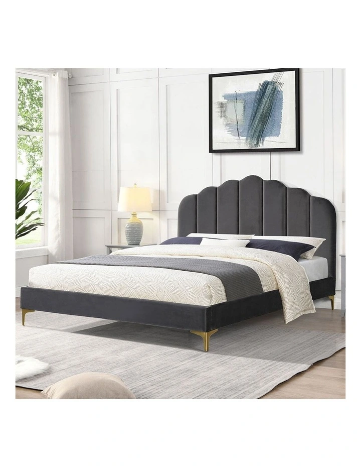 Velvet Headboard Mattress Base Bed Frame Queen Size in Grey image 7