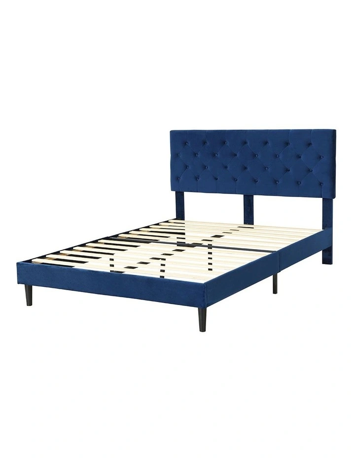 Velvet Headboard Mattress Base Bed Frame Queen Size in Blue image 1