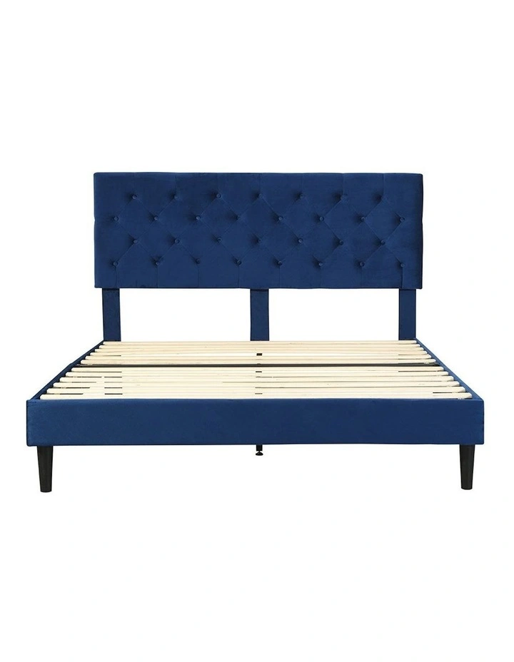 Velvet Headboard Mattress Base Bed Frame Queen Size in Blue image 2