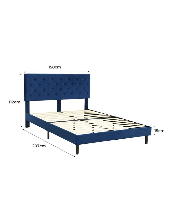 Velvet Headboard Mattress Base Bed Frame Queen Size in Blue image 3
