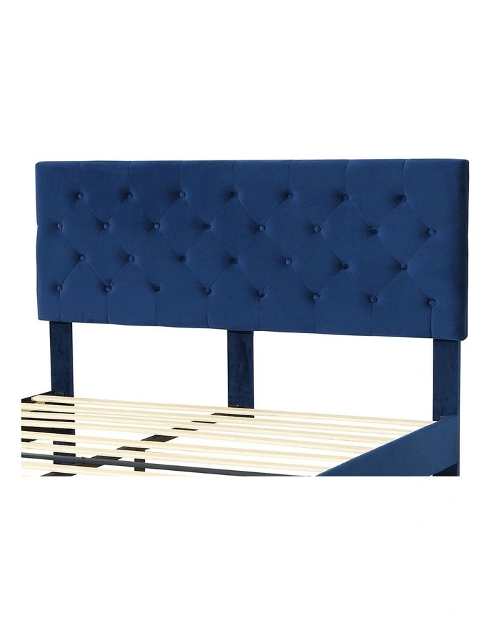 Velvet Headboard Mattress Base Bed Frame Queen Size in Blue image 4
