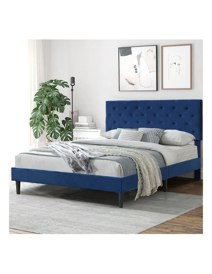 Velvet Headboard Mattress Base Bed Frame Queen Size in Blue image 7