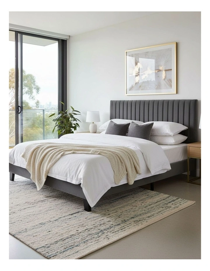 Velvet Headboard Mattress Base Platform Wooden Queen Size Bed Frame in Grey image 1