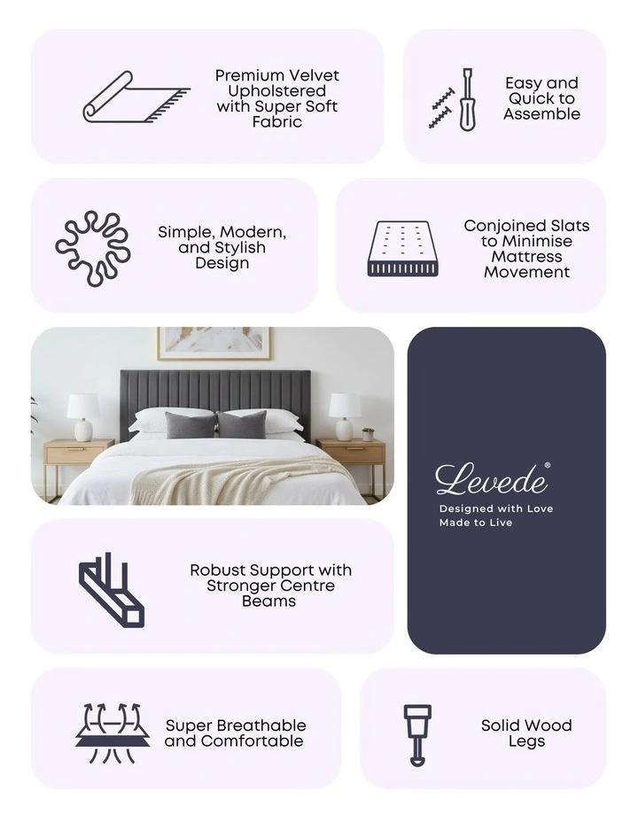 Velvet Headboard Mattress Base Platform Wooden Queen Size Bed Frame in Grey image 4