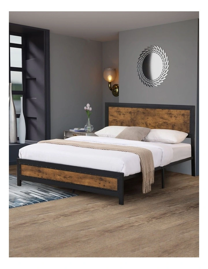 Double Metal Bed Frame With Wooden Base Platform 4 Drawers in Brown image 1