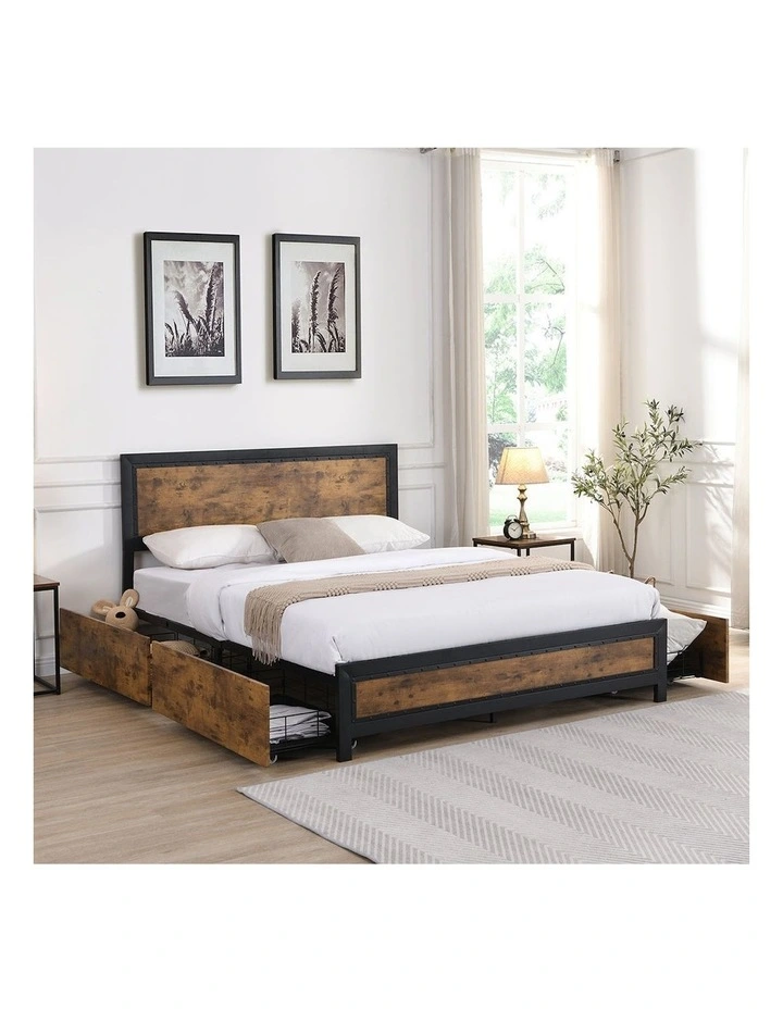 Double Metal Bed Frame with Wooden Base Platform 4 Drawers image 7